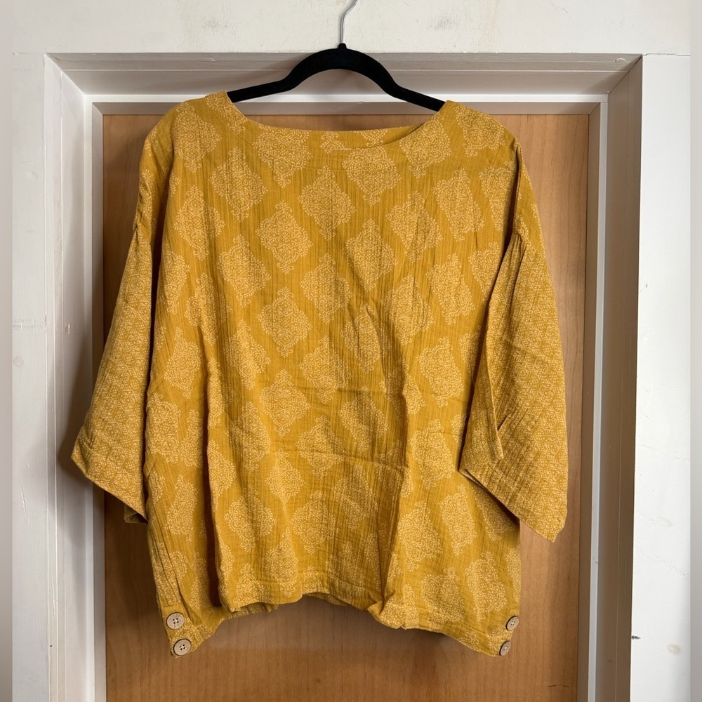 Purejill Women’s Mustard Yellow Cotton Gauze Blouse - 100% Cotton. Size: Small